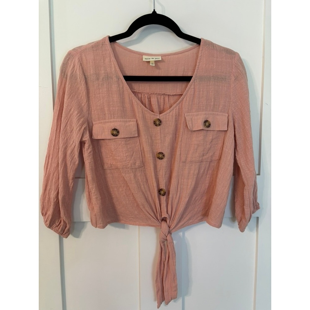 Belle du Jour Pink Tie Front Button Up Boho Crop Top Women M 3/4 Sleeve Coquette